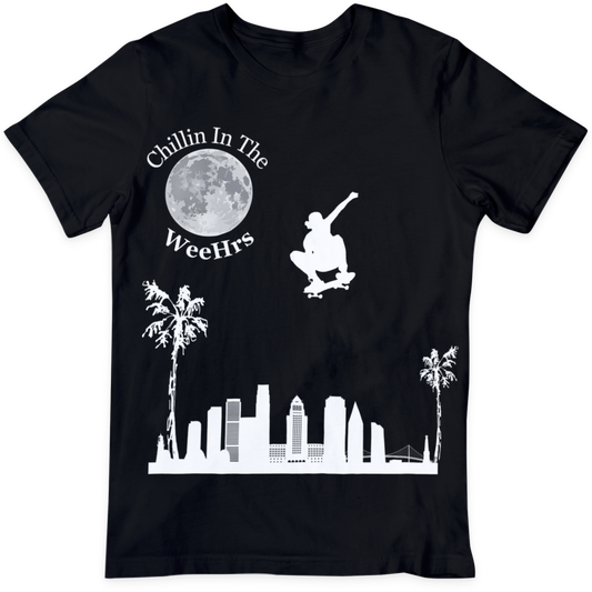 Skateboarder Chillin in The Weehrs Black T Shirt